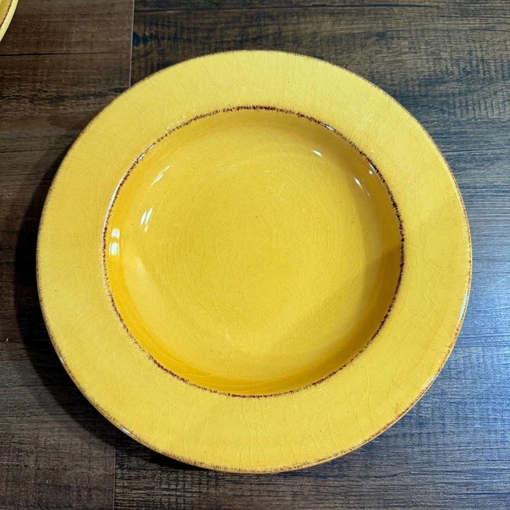 4 Pier 1 Toscana Gold Rimmed Soup Bowls Italian Yellow Hand Painted Tuscan
